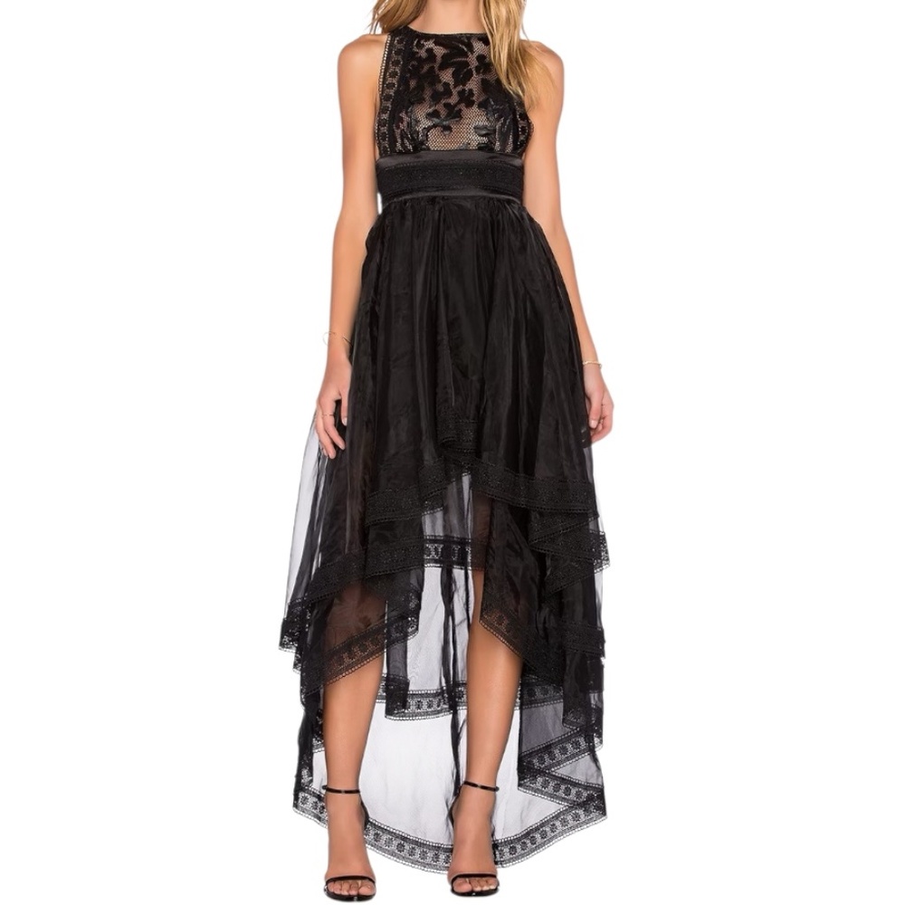 NWT I:NA Women's Black leathers Floral lace high/low mesh dress/nude lining Lrge